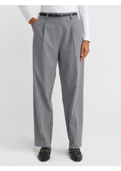 71552 Kemerli Dümdüz Fit Pantolon-Koyu Gri