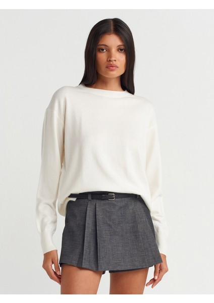 10633 Bisiklet Yaka Basic Triko Kazak-Ekru