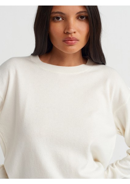 10633 Bisiklet Yaka Basic Triko Kazak-Ekru modelleri