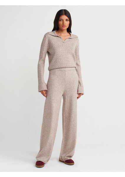 70163 Beli Lastikli Triko Pantolon-Vizon M.