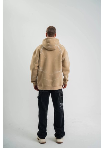 Double Oversize Kapşonlu Şimşek Pano Baskılı Sweatshirt - Bej