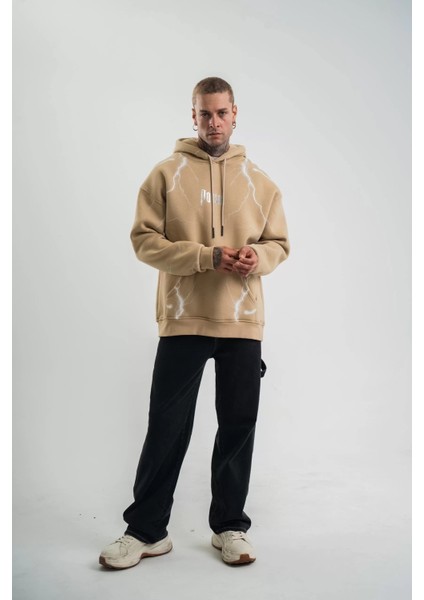 Double Oversize Kapşonlu Şimşek Pano Baskılı Sweatshirt - Bej