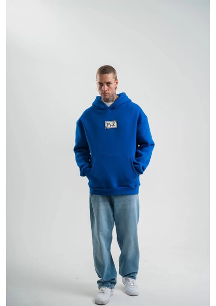 Unisex Kapşonlu Uzun Kol Patchli Nakışlı Sweatshirt - Mavi