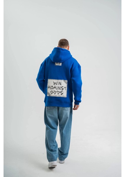 Unisex Kapşonlu Uzun Kol Patchli Nakışlı Sweatshirt - Mavi