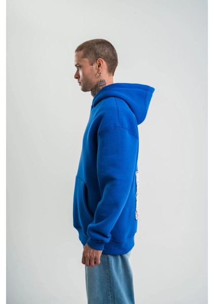 Unisex Kapşonlu Uzun Kol Patchli Nakışlı Sweatshirt - Mavi