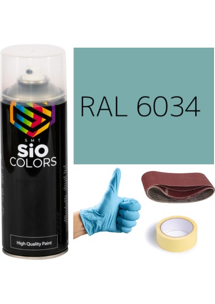 Akrilik Sprey Boya Yeşil RAL-6034 Boya Seti 400ML +Zımpara+Kağıt Bant+Eldiven