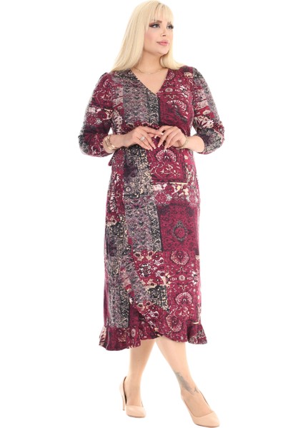 Butik Kruvaze Yaka Bordo Etnik Desen Anvelop Etek Midi Elbise