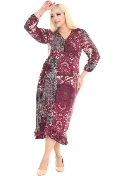 Butik Kruvaze Yaka Bordo Etnik Desen Anvelop Etek Midi Elbise fiyatları