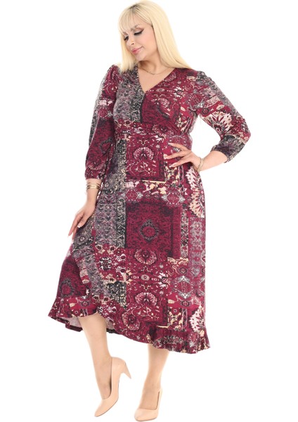 Butik Kruvaze Yaka Bordo Etnik Desen Anvelop Etek Midi Elbise modelleri
