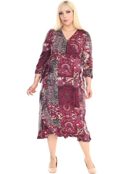 Butik Kruvaze Yaka Bordo Etnik Desen Anvelop Etek Midi Elbise indirimleri