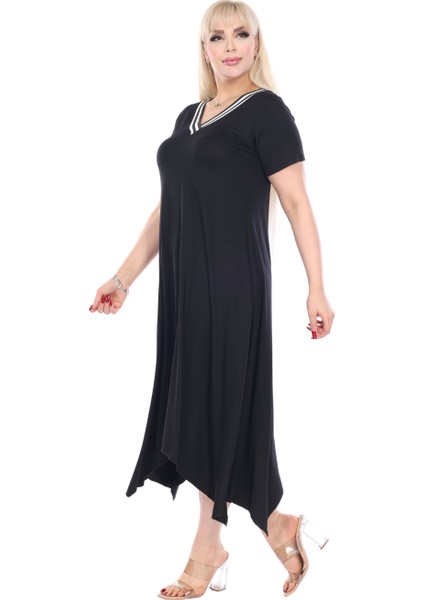 Butik Siyah V Yaka Yakası Şeritli Asimetrik Kısa Kollu Elbise fiyatları
