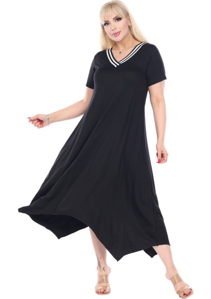 Butik Siyah V Yaka Yakası Şeritli Asimetrik Kısa Kollu Elbise fırsatları