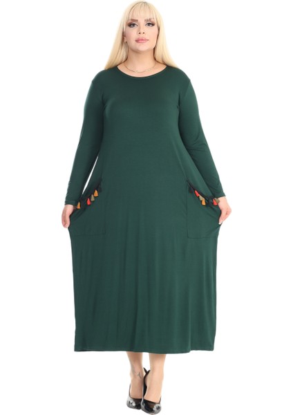 Butik Püsküllü Cepli Kadın Uzun Kollu Zümrüt Yeşili Tesettür Elbise