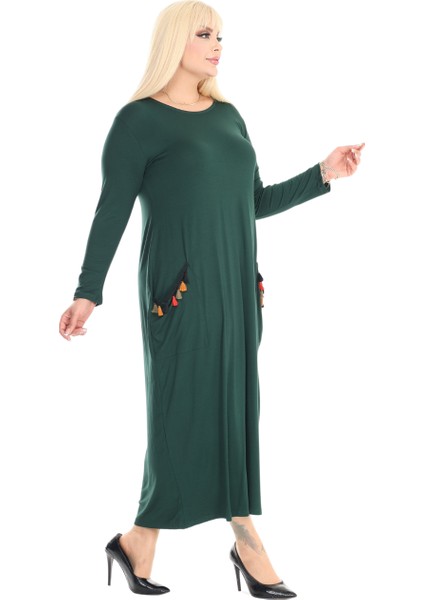 Butik Püsküllü Cepli Kadın Uzun Kollu Zümrüt Yeşili Tesettür Elbise fiyatları