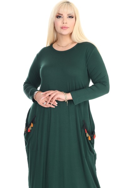 Butik Püsküllü Cepli Kadın Uzun Kollu Zümrüt Yeşili Tesettür Elbise modelleri