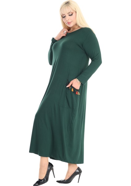 Butik Püsküllü Cepli Kadın Uzun Kollu Zümrüt Yeşili Tesettür Elbise fırsatları