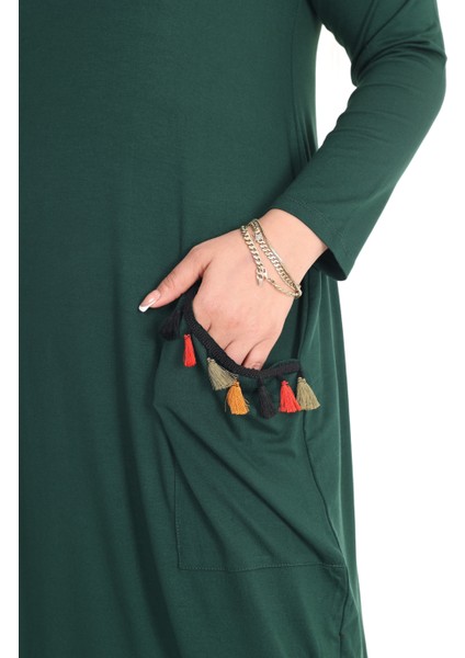 Butik Püsküllü Cepli Kadın Uzun Kollu Zümrüt Yeşili Tesettür Elbise indirimleri