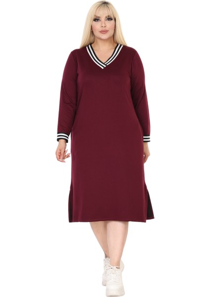 Butik Bordo Yakası Şeritli V Yaka Uzun Kol Iki Iplik Elbise