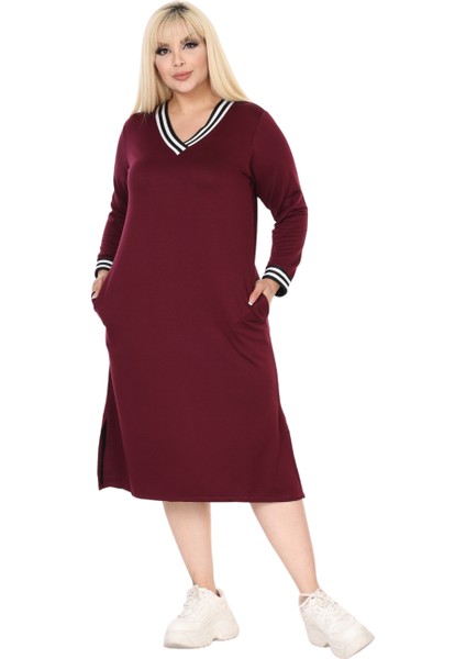 Butik Bordo Yakası Şeritli V Yaka Uzun Kol Iki Iplik Elbise fiyatları