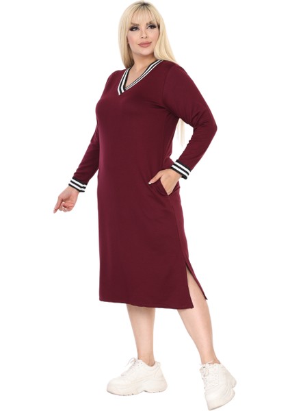 Butik Bordo Yakası Şeritli V Yaka Uzun Kol Iki Iplik Elbise modelleri