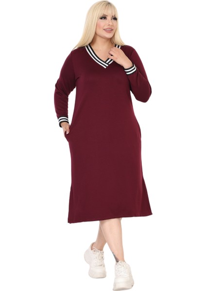 Butik Bordo Yakası Şeritli V Yaka Uzun Kol Iki Iplik Elbise fırsatları