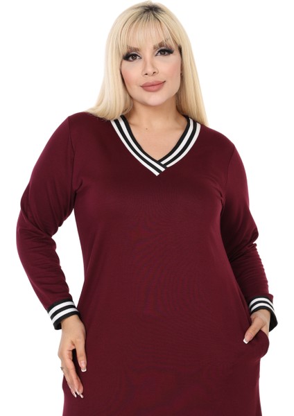 Butik Bordo Yakası Şeritli V Yaka Uzun Kol Iki Iplik Elbise indirimleri
