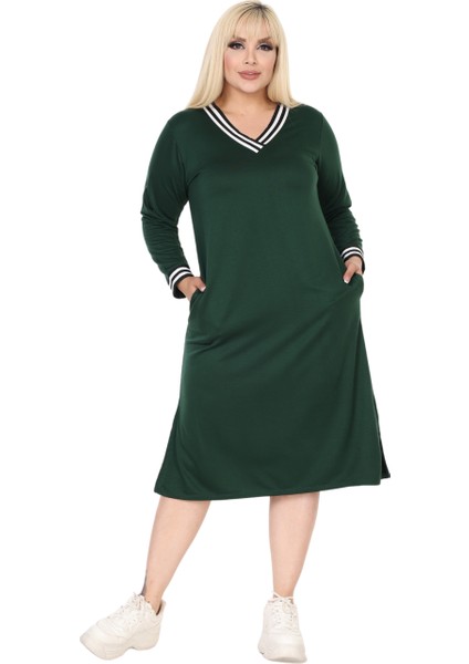 Butik Zümrüt Yeşili Yakası Şeritli V Yaka Uzun Kol Iki Iplik Elbise fiyatları