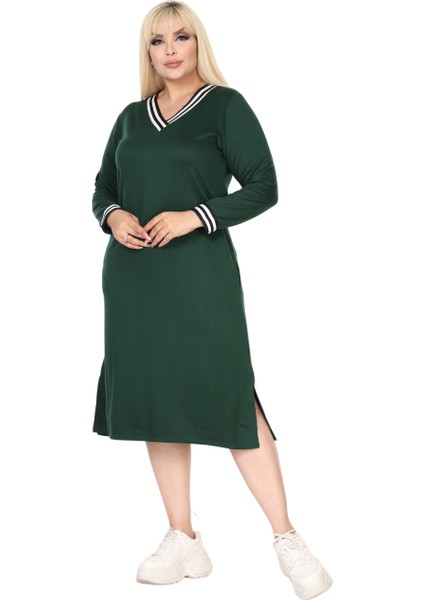 Butik Zümrüt Yeşili Yakası Şeritli V Yaka Uzun Kol Iki Iplik Elbise modelleri