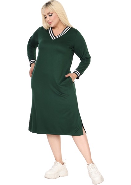 Butik Zümrüt Yeşili Yakası Şeritli V Yaka Uzun Kol Iki Iplik Elbise fırsatları