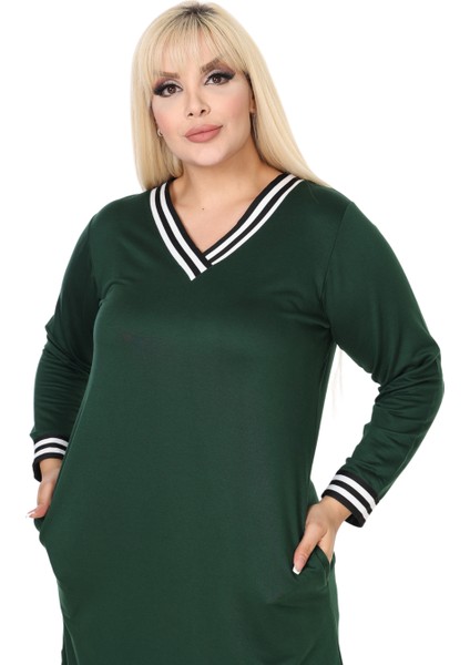 Butik Zümrüt Yeşili Yakası Şeritli V Yaka Uzun Kol Iki Iplik Elbise indirimleri