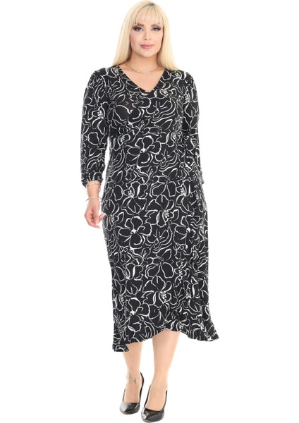 Butik Kruvaze Yaka Siyah Çiçek Desen Anvelop Etek Midi Elbise