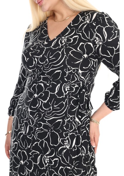 Butik Kruvaze Yaka Siyah Çiçek Desen Anvelop Etek Midi Elbise indirimleri