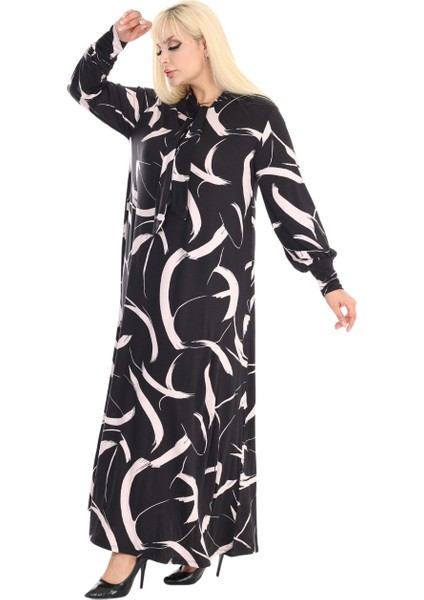 Butik Fularlı Beyaz Tüy Desen Uzun Kollu Büyük Beden Kadın Elbise