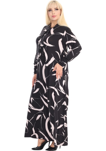 Butik Fularlı Beyaz Tüy Desen Uzun Kollu Büyük Beden Kadın Elbise modelleri