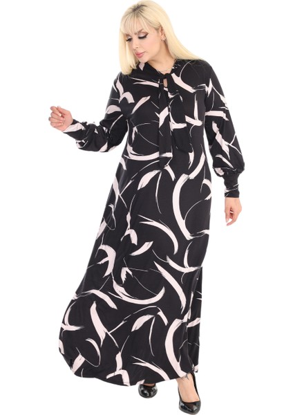 Butik Fularlı Beyaz Tüy Desen Uzun Kollu Büyük Beden Kadın Elbise fırsatları