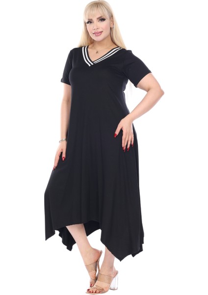 Butik Siyah V Yaka Yakası Şeritli Asimetrik Kısa Kollu Elbise