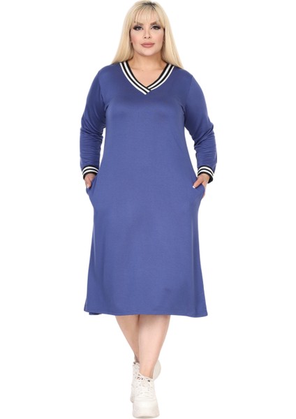 Butik Indigo Yakası Şeritli V Yaka Uzun Kol Iki Iplik Elbise