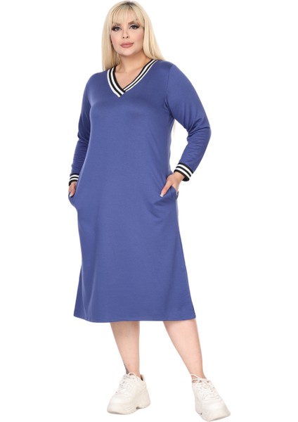 Butik Indigo Yakası Şeritli V Yaka Uzun Kol Iki Iplik Elbise fiyatları