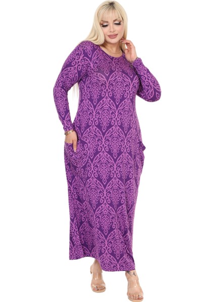 Butik Mor Dantel Desen Uzun Kollu Cepli Uzun Elbise fiyatları