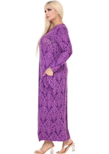 Butik Mor Dantel Desen Uzun Kollu Cepli Uzun Elbise modelleri