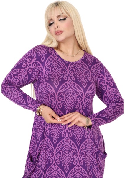 Butik Mor Dantel Desen Uzun Kollu Cepli Uzun Elbise fırsatları
