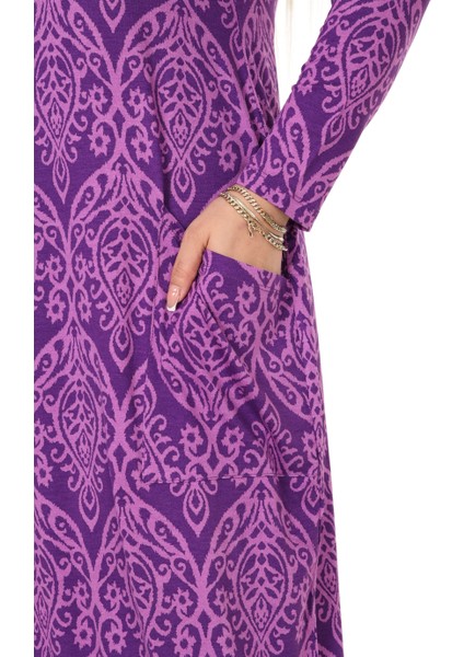 Butik Mor Dantel Desen Uzun Kollu Cepli Uzun Elbise indirimleri
