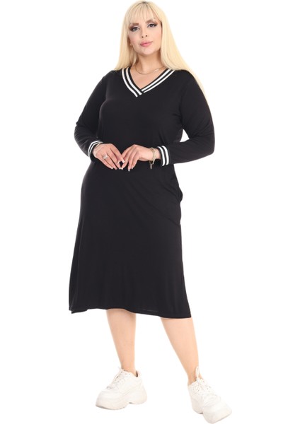 Butik Uzun Kollu Siyah Yakası Şeritli V Yaka Midi Elbise