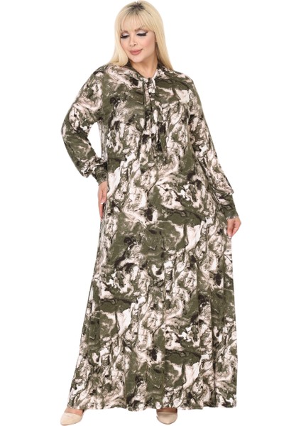 Butik Fularlı Yeşil Batik Desen Uzun Kollu Büyük Beden Kadın Elbise