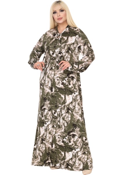 Butik Fularlı Yeşil Batik Desen Uzun Kollu Büyük Beden Kadın Elbise fiyatları