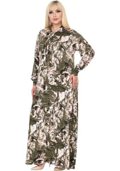 Butik Fularlı Yeşil Batik Desen Uzun Kollu Büyük Beden Kadın Elbise fırsatları