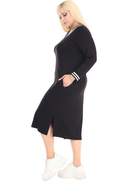 Butik Uzun Kollu Siyah Yakası Şeritli V Yaka Midi Elbise modelleri