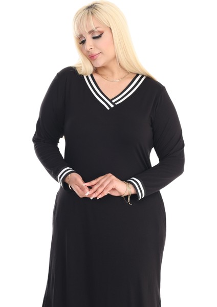 Butik Uzun Kollu Siyah Yakası Şeritli V Yaka Midi Elbise indirimleri