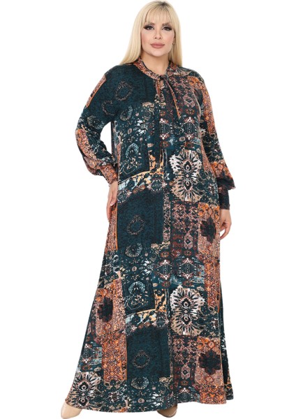 Butik Fularlı Petrol Etnik Desen Uzun Kollu Büyük Beden Kadın Elbise