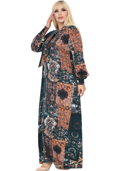 Butik Fularlı Petrol Etnik Desen Uzun Kollu Büyük Beden Kadın Elbise fiyatları